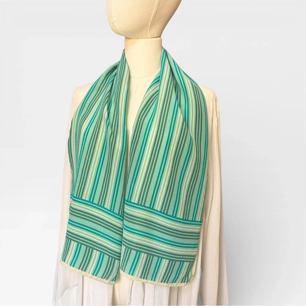VIntage Hattie Carnegie 100% hand rolled silk scarf striped retro mod green